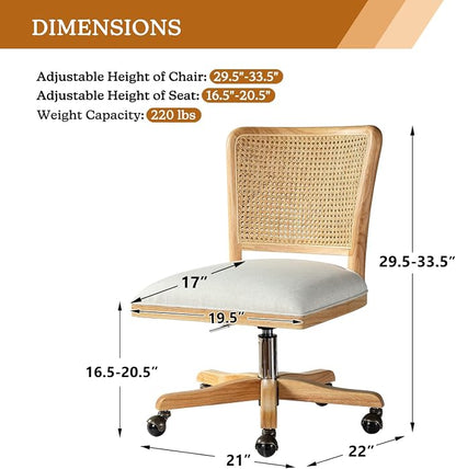 Modern Home Office Chair Comfortable Upholstered Armless Desk Chair, Adjustable Swivel Rolling Computer Chair with Rattan Mid-Back Support, Linen