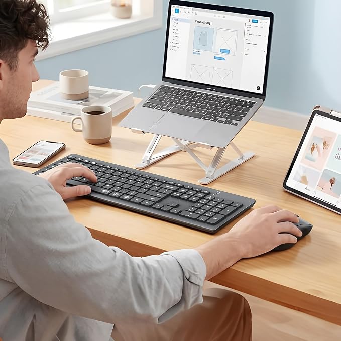Wireless Keyboard and Mouse, Quiet Bluetooth Keyboard Mouse Set, 2.4G/Bluetooth Full-Sized Computer Keyboard, 3200 DPI Adjustable Mouse, Long-Life Battery, for PC/Laptop/Tablet/Windows/Mac