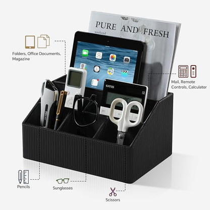 Desk Organizer Caddy with 5 Compartments for Office Art Supplies, PU Leather Nightstand Organizer Pencil Pen Desk Caddy for Home, Desktop TV Remote Control Holder Storage (Striped Black)
