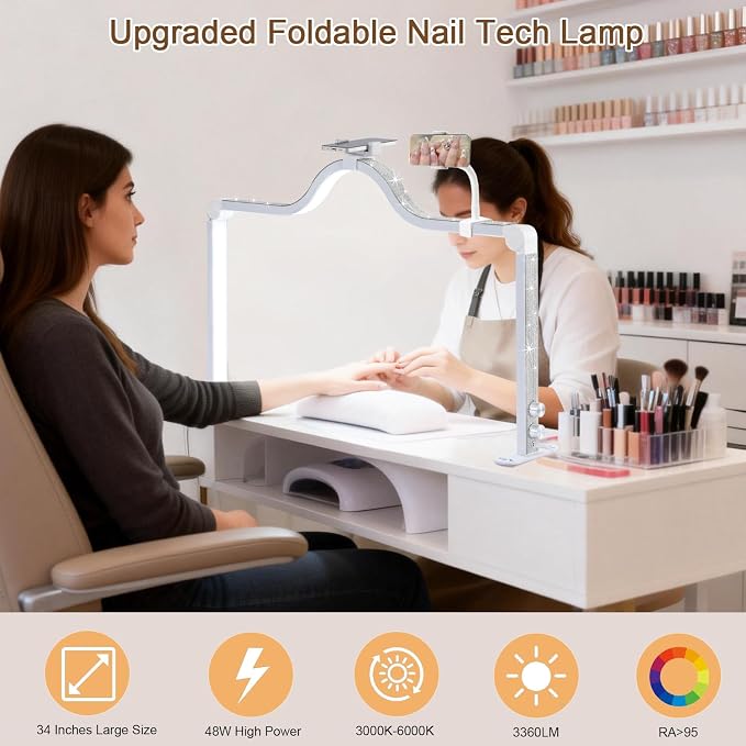 Upgraded Nail Tech Lamp with Dual Phone Holder, 34 in Foldable Large Nail Light for Desk, 3 Modes 3000K-6000K LED Manicure Lamp, Half Moon Light for Lash Eyelash Extension, Tattoo, Eyebrows