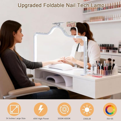 Upgraded Nail Tech Lamp with Dual Phone Holder, 34 in Foldable Large Nail Light for Desk, 3 Modes 3000K-6000K LED Manicure Lamp, Half Moon Light for Lash Eyelash Extension, Tattoo, Eyebrows