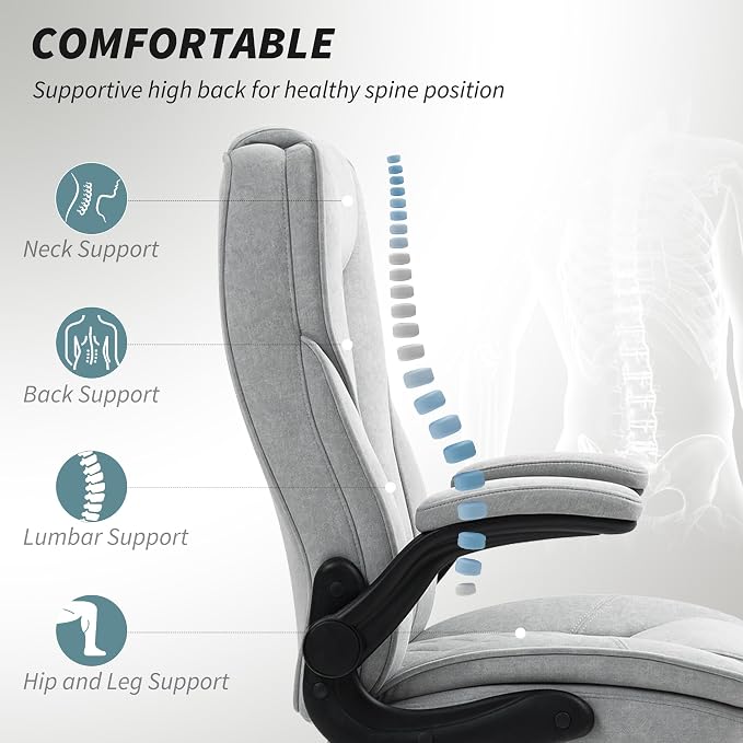 HOMCOM High Back Office Chair, Executive Desk Chair with Swivel Wheels, Flip-up Armrest, Adjustable Height, Modern Diamond Fabric Computer Chair for Home Office, Gray