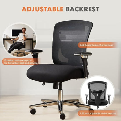 Sweetcrispy Big and Tall Office Desk Chair with Lumbar Support, 500lbs Heavy Duty Mesh Ergonomic Computer Chair with 4D Armrest and Wide Comfy Seat, Wheels for Adult, Black
