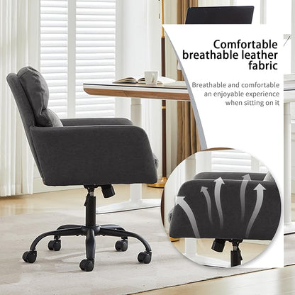 YITAI Adjustable Home Office Desk Chair with Comfy Square Mid-Back, Faux Leather 360 Swivel Upholstered Task Armchair with Wheels for Vanity Bedroom/Living Room,Study Gray