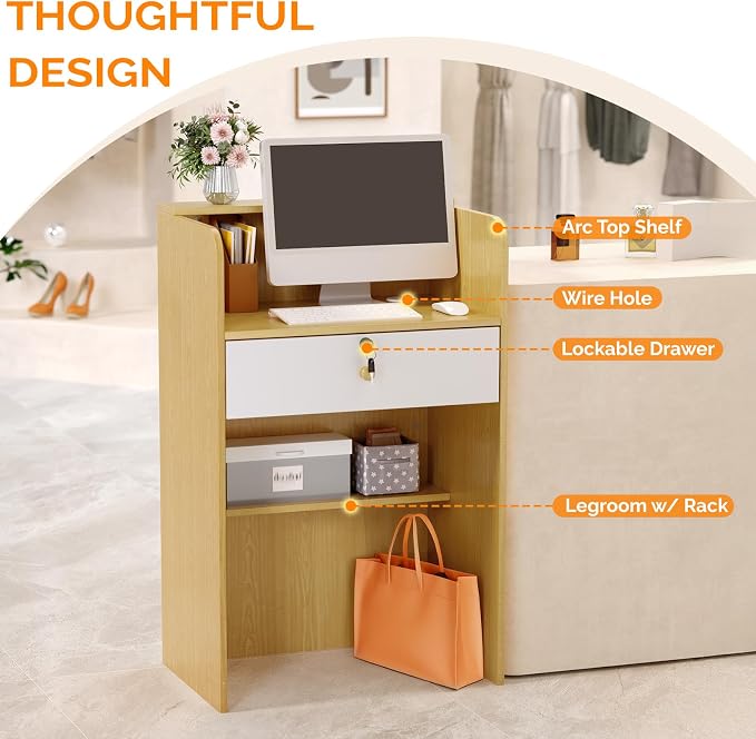 OmySalon Reception Desk with Counter, Small Front Checkout Desk w/Lockable Drawer, Wooden Modern Reception Table for Salon Lobby Office Home (Original Wood, 24)