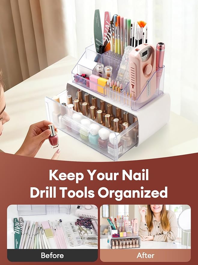LIARTY Nail Drill Holder with Drawer - Makeup Organizer Case for Brush | Acrylic Nail Drill Bits Holder Beauty Cosmetic Storage Box for Dresser Countertop and Bathroom Vanity