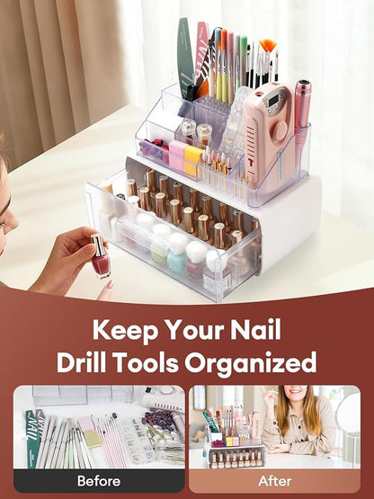 LIARTY Nail Drill Holder with Drawer - Makeup Organizer Case for Brush | Acrylic Nail Drill Bits Holder Beauty Cosmetic Storage Box for Dresser Countertop and Bathroom Vanity