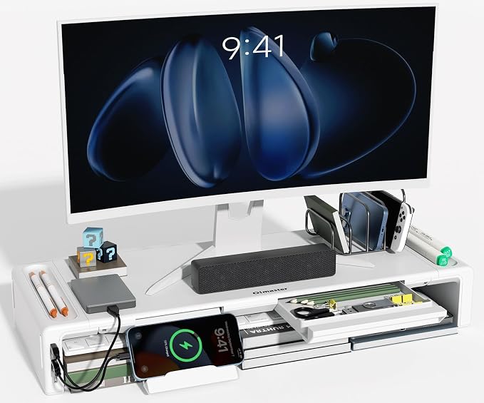 OImatser Monitor Stand Riser with USB 3.0 Hub & Type-C Port, Foldable Adjustable Computer Stand with Storage Drawer, Pen Slot & Phone Holder, Space Saving Laptop Stand for Home Office Desk Organization (White-3.0 HUB-Adapter)