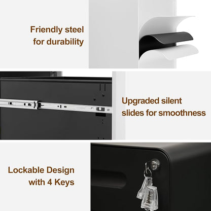 3 Drawer File Cabinet with Lock and 4 Keys, Mobile Metal Filing Cabinet, File Cabinets for Home Office, Under Desk, Pre-Assembly, File Drawer, Letter/Legal/A4 Hanging File Folders