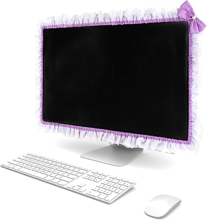 32"-38" Lovely Cute Computer Monitor Cover with Lovely Cute Elastic Pen Pocket Bow-knot TV LCD Screen Monitor Decoration Dust Cover Protector, Lace Fabric - purple