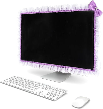 32"-38" Lovely Cute Computer Monitor Cover with Lovely Cute Elastic Pen Pocket Bow-knot TV LCD Screen Monitor Decoration Dust Cover Protector, Lace Fabric - purple
