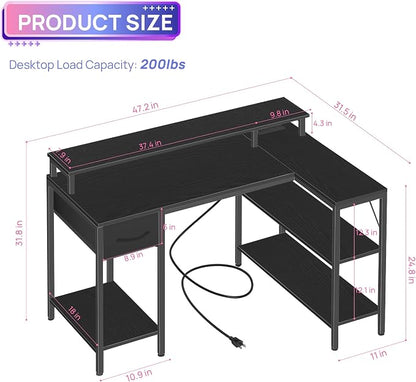 Alpen L Shaped Gaming Desk, 47 Inch Computer Desks with Drawers, Corner Desk Gaming Table with LED Lights & Power Outlets, Monitor Stand, Home Office Desk for Living Room, Bedroom, Black