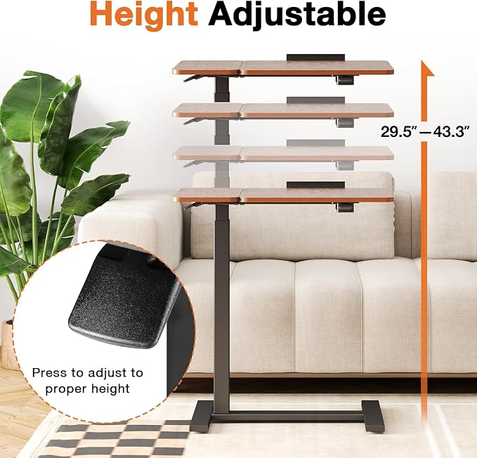 Simple Deluxe Standing Rolling Desk with Hidden Casters, Height Adjustable Pneumatic Mobile Laptop Desk, Tilting Bedside Table for Laptop, Overbed Bedside Table Hospital Home Use, Brown
