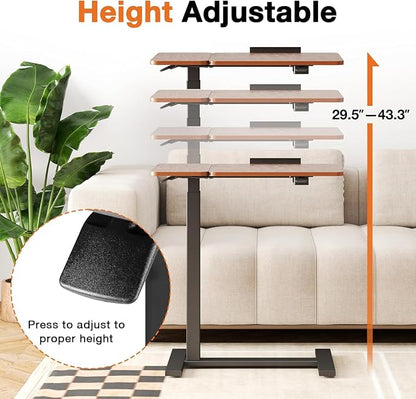 Simple Deluxe Standing Rolling Desk with Hidden Casters, Height Adjustable Pneumatic Mobile Laptop Desk, Tilting Bedside Table for Laptop, Overbed Bedside Table Hospital Home Use, Brown
