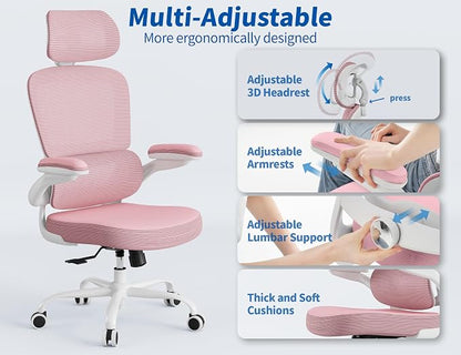 TRALT Ergonomic Office Chair - Desk Chair with Adjustable Headrest Lumbar Support Computer Chair - Mesh Comfy Chair with Flip-up Armrests - Gaming Chairs for Adults Home Office (Leather, Pink)