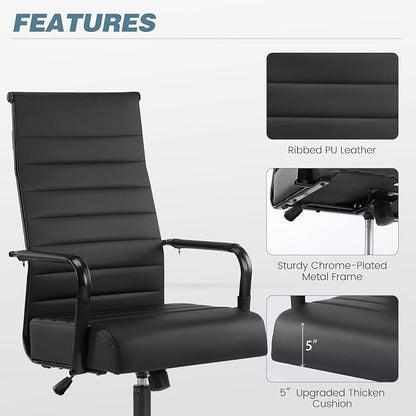 Office Desk Chair, Modern Leather Conference Room Chairs with High Back,Wheels and Arms, Ergonomic Executive Ribbed Height Adjustable Swivel Chair for Home Office (Black Frame)