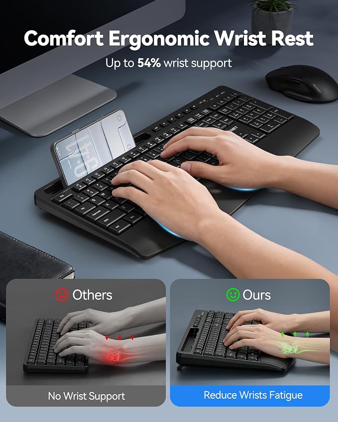 TECKNET Wireless Keyboard and Mouse Combo, Full Size Ergonomic Keyboard and Mouse with Wrist Rest & Phone Tablet Holder, Sleep Mode, 2.4G Lag-Free Cordless Silent Computer Mouse for Laptop PC Windows