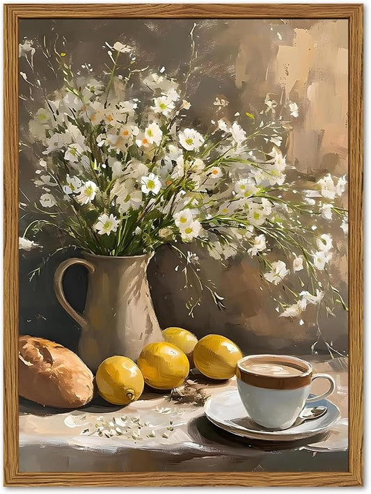 Framed Vintage Kitchen Wall Art, Rustic Floral Lemon Pictures Wall Decor, Cottagecore Coffee Bread Still Life Paintings Canvas Prints Farmhouse Home Decor for Dining Room Living Room 16x24 inch