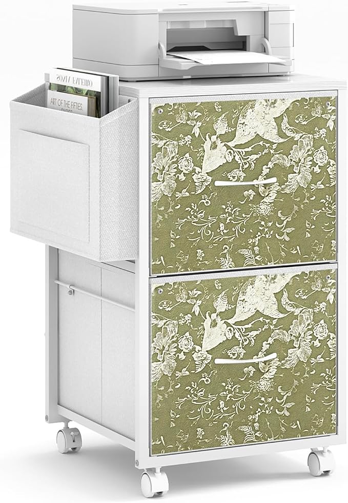 VINGLI 2 Drawer File Cabinet with Side Bag, Rolling File Cabinet Mobile Under Desk File Cabinet with Wheels, Fabric Drawers Printer Stand for Home Office, Fits Letter Size, White Green