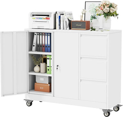 winiowa Mobile 3-Drawer File Cabinet with Wheel, Metal Lateral Rolling Printer Stand Filing Cabinets with Lock, Office Storage Cabinet for Office, Home, Garage, School, Gym-White