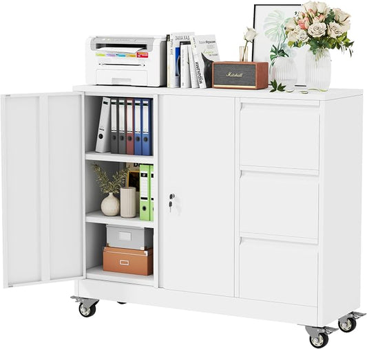 winiowa Mobile 3-Drawer File Cabinet with Wheel, Metal Lateral Rolling Printer Stand Filing Cabinets with Lock, Office Storage Cabinet for Office, Home, Garage, School, Gym-White