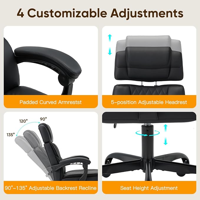 ECOTOUGE Executive Office Chair, Ergonomic Big and Tall Desk Chair with Adjustable Headrest,High PU Leather Comfy Heavy Duty Computer Chair with Foot Rest, Black
