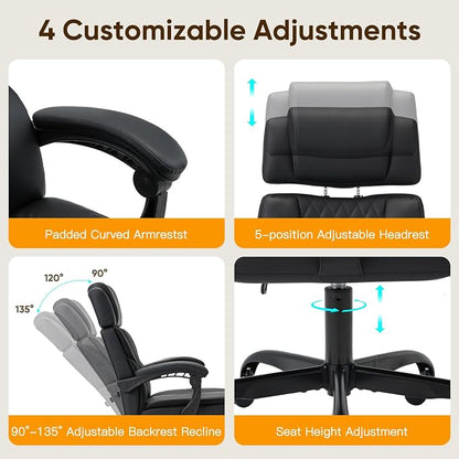 ECOTOUGE Executive Office Chair, Ergonomic Big and Tall Desk Chair with Adjustable Headrest,High PU Leather Comfy Heavy Duty Computer Chair with Foot Rest, Black