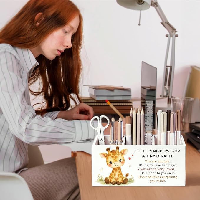 Positive Giraffe Pen Pencil Holder Desk Accessories Gifts for Women | Cute Giraffe Pen Pencil Wooden Organizer Office Accessories Decorations for Office Dorm Room Bedroom Tabletop Desk Decor