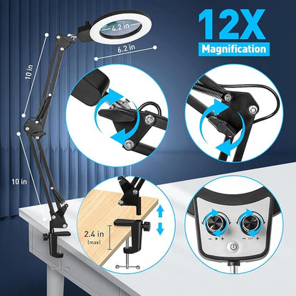 KIRKAS 12X Magnifying Glass with Light and Stand, Overhead Knob Magnifying Lamp for Workbench Craft, Sewing, 2-in-1 Lighted Magnifier Real Glass Lens Stepless Dimming and Color(9.06IN Base & Clamp)