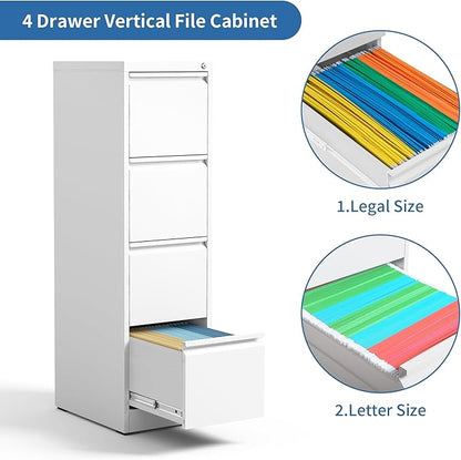 4 Drawer File Cabinet with Lock, Metal Vertical Filing Cabinets for Home Office, Heavy Duty File Storage Cabinet for Letter/Legal/A4/F4 Size File, Assembly Required, White