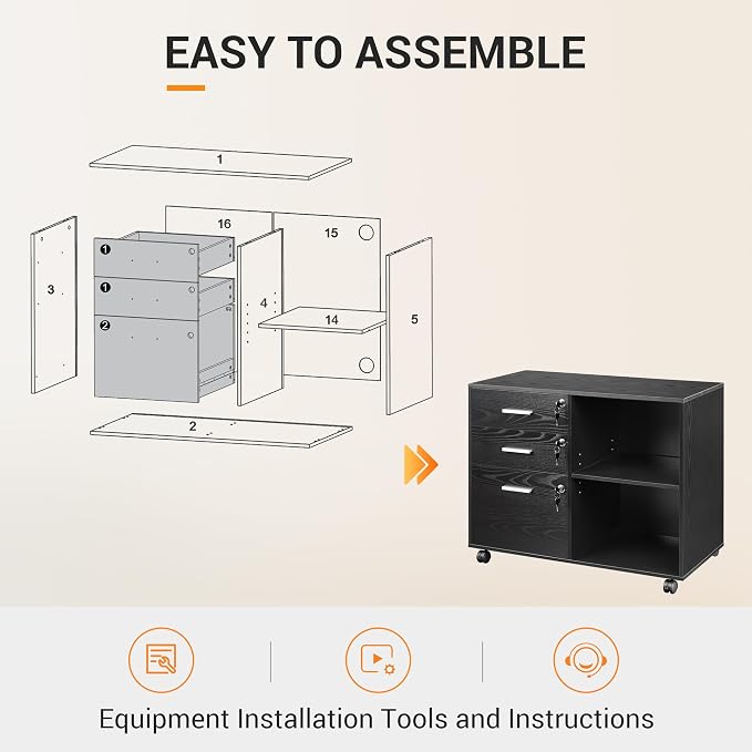 DEVAISE 3-Drawer Wood File Cabinet with Lock, Mobile Lateral Filing Cabinet, Printer Stand with Open Storage Shelves for Home Office, Black