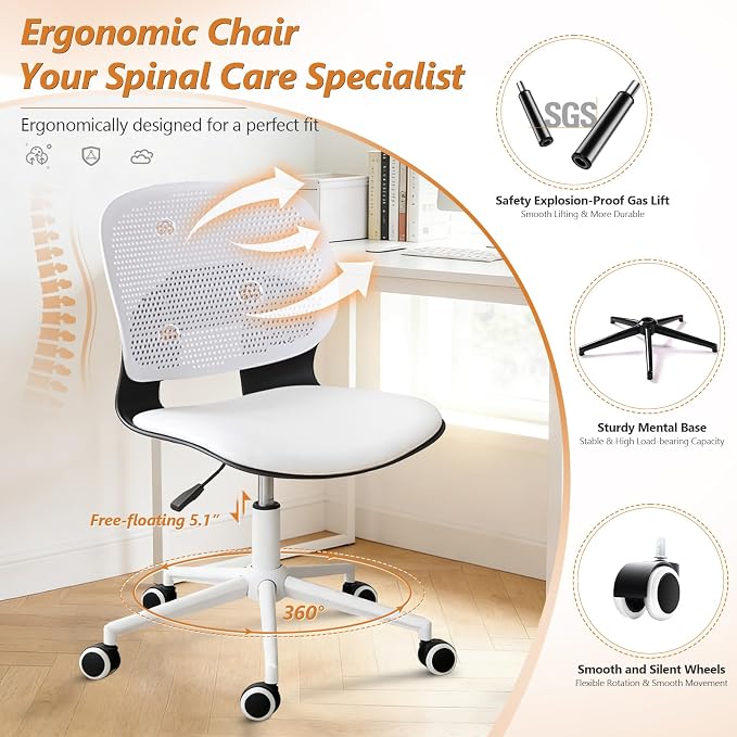 Home Office Chair, Armless Mid-Back Computer Desk Chair with Breathable Backrest and Padded Cushion, Height Adjustable Swivel Ergonomic Task Chair for Home, Work, Study