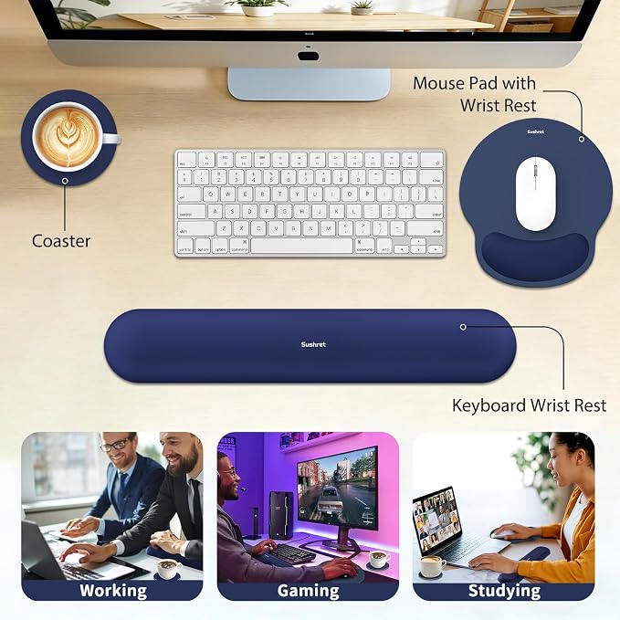 Sushret Mouse Pad and Keyboard Wrist Rest, 3-in-1 Gel Memory Foam Ergonomic Mouse Pad with Wrist Rest Set, Gaming Mousepad Arm Cushion Support for Computer Office Desk Accessories Cute Setup,Dark Blue
