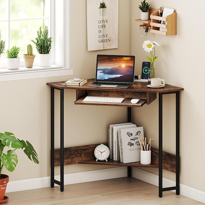 Giantex Small Corner Desk with Charging Station, Triangle Computer Desk with Keyboard Tray & Storage Shelf, Metal Corner Writing Desk for Bedroom, Small Space, Home Office, Black & Rustic Brown