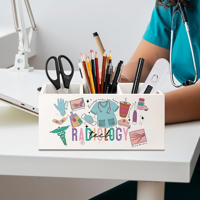 Radiology Tech Gifts Pen Holder for Desk, Medical Student Gifts Wooden Box Sign Desk Decor for Office Home Decoration, Radiology Tech Student Essentials Pencil Organizer