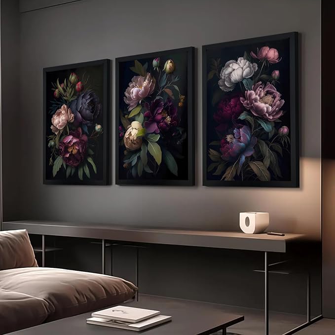 ICHZUMW Moody Peony Floral Canvas Wall Art Set of 3, Black Wood Framed Dark Academia Gothic Botanical Wall Decor, Ready to Hang Fade‑Resistant Flower Pictures for Bedroom Living Room Bathroom, 20×30in
