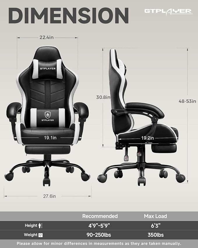 GTPLAYER Gaming Chair, Ergonomic Game Computer Chairs with Foot Rest for Adults, Adjustable PC Game Chair with Reclining Function and Comfortable Headrest for Home and Office Use (White)