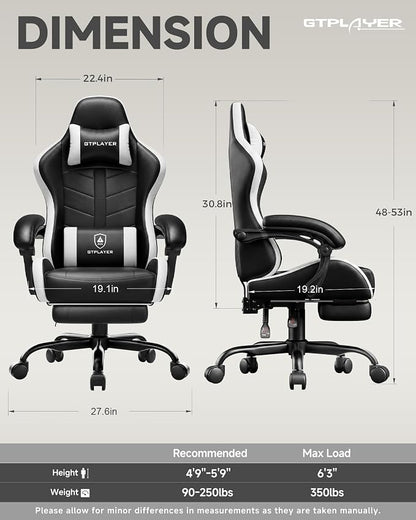 GTPLAYER Gaming Chair, Ergonomic Game Computer Chairs with Foot Rest for Adults, Adjustable PC Game Chair with Reclining Function and Comfortable Headrest for Home and Office Use (White)
