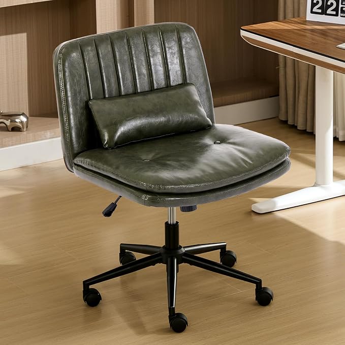 IPKIG Criss Cross Chair, Small Armless Desk Office Computer Chair with Wheels and Lumbar Pillow, Comfy Adjustable Swivel Task Vanity Chair Faux Leather, Green
