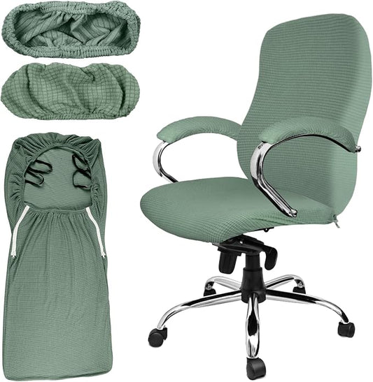 Tatuo 3 Pcs Computer Office Chair Cover Universal Rotating Chair Slipcovers Protector Removable Washable Office Armrest Covers with Zipper for High Back Seat Backrest(L,Waffle,Green)