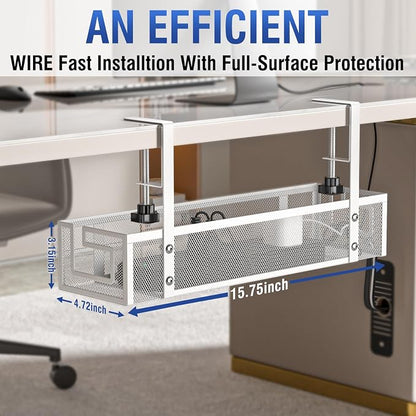 Under Desk Cable Management Tray, 15.75" No Drill Cable Management White, | Heavy Duty Metal Cord Organizer for Standing/Gaming Desk, Cable Management Under Desk Tray for Home and Office