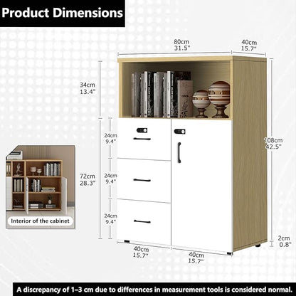 File Cabinet with Password Lock, Wood Lateral Filing Cabinet for Letter/A4 Files, 3 Drawer with Door, Printer Stand with Open Shelves for Home Office