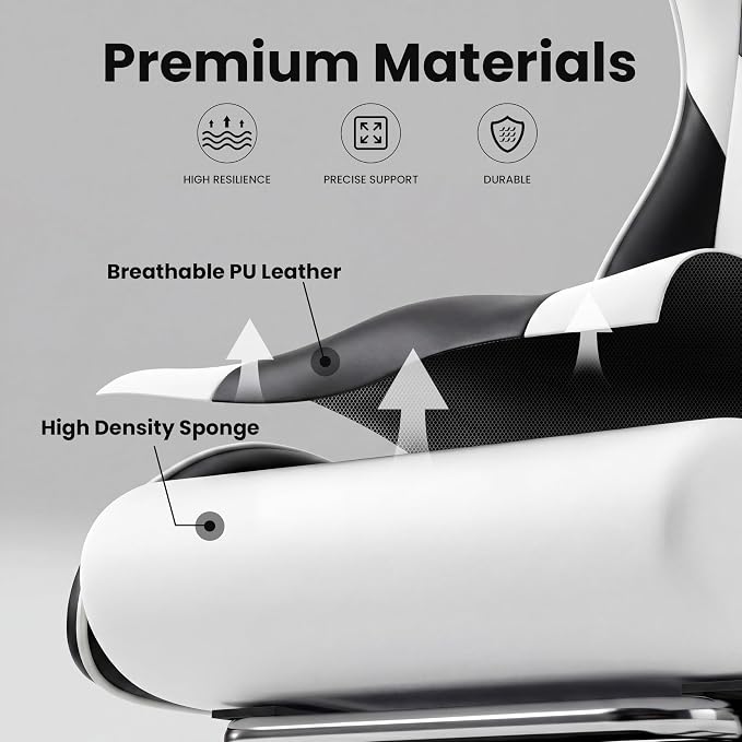 Gaming Chair, Ergonomic Computer Chair with Footrest and Lumbar Support, Height Adjustable Office Chair with 360° Swivel Seat and Headrest (Black & White)