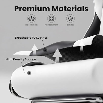 Gaming Chair, Ergonomic Computer Chair with Footrest and Lumbar Support, Height Adjustable Office Chair with 360° Swivel Seat and Headrest (Black & White)