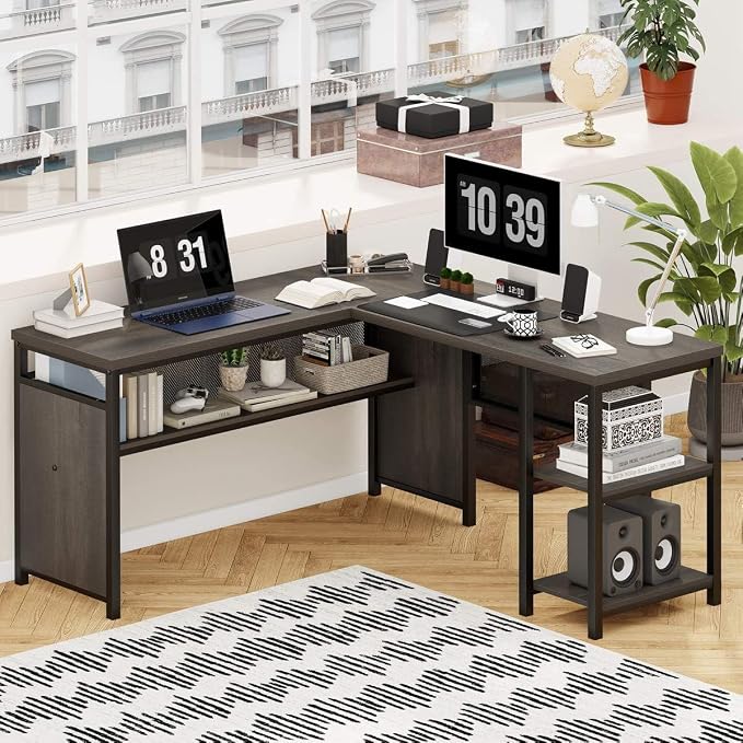 FATORRI L Shaped Desk, Industrial Reversible Home Office Computer Desk with Wood Shelves, Corner Desks with Metal Legs (Walnut Brown, 59 Inch)