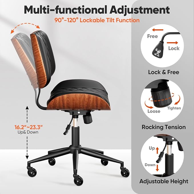 Home Office Desk Chair with Swivel Wheels, Modern PU Leather Armless Office Chair, Small Mid Back Computer Chair for Home Office, Reading Meeting Room (Black, Black Wheels)
