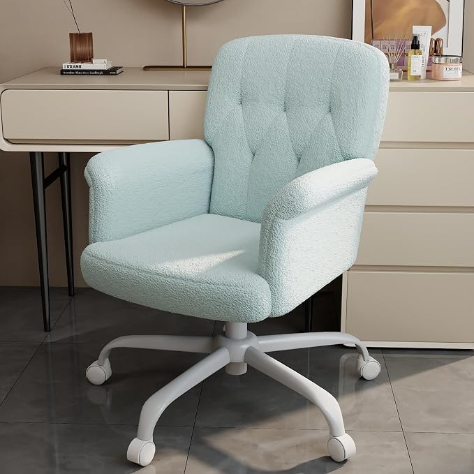 Comfy Home Office Desk Chair, Upholstered Fuzzy Vanity Chair with Wheels and Arms, Modern Adjustable Swivel Computer Seat for Make Up, Home Office, Living Room, Bedroom, Teddy Fleece, Blue