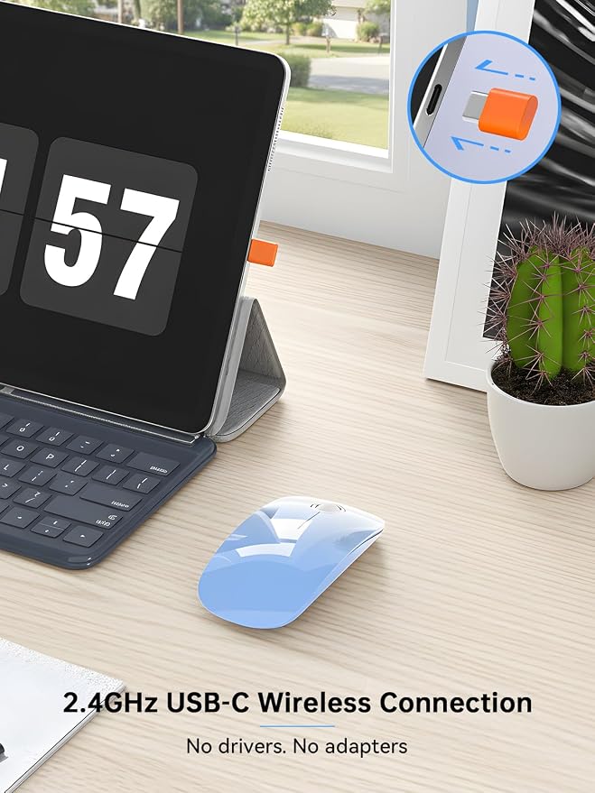 RAPIQUE USB C Wireless Mouse for MacBook, Sky Blue Gradient Slim Mouse, Silent Click, 800/1200/1600 DPI, AA Battery Powered, Type C Portable 2.4GHz Wireless Mouse for iPad, Laptop, Chromebook, Laptop