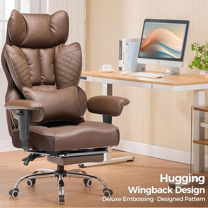 COMHOMA Big and Tall Office Chair Heavy Duty Wide Ergonomic Gaming Chair with Deluxe Embossing Designed Leather with Foot Rest,150°Reclining Adjustable Armrests Pocket Spring Back Support and Pillow