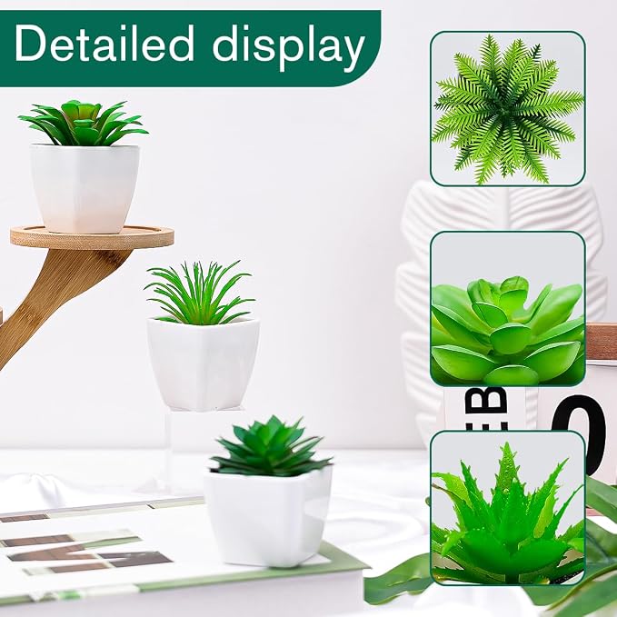 6pcs Mini Artificial Succulents in Pot, Fake Potted Succulent Plant | lifelike faux small greenery succulent bulk set, assorted plastic succulent plants, office desk bedroom shelf home decoration